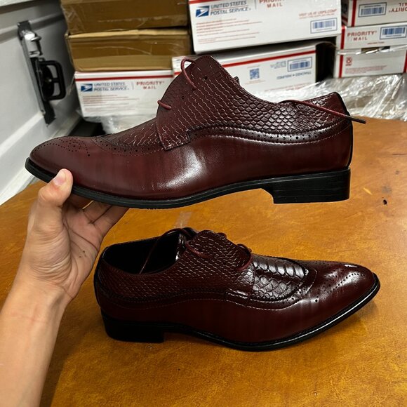 Santimon Men's US 8, 12 Red Wingtip Brogue Derby Crocodile Pattern Lace Up Shoes - Picture 8 of 10